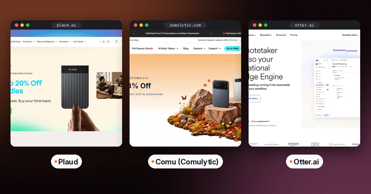 Side by side screenshots of the Plaud, Comu (Comulytic) and Otter.ai websites
