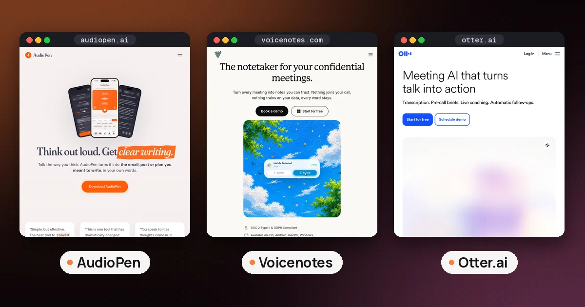 Screenshots of AudioPen, Voicenotes, Otter.ai
