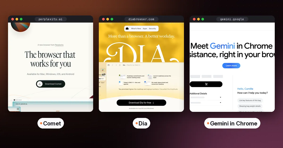 Side by side screenshots of the Comet, Dia and Gemini in Chrome websites