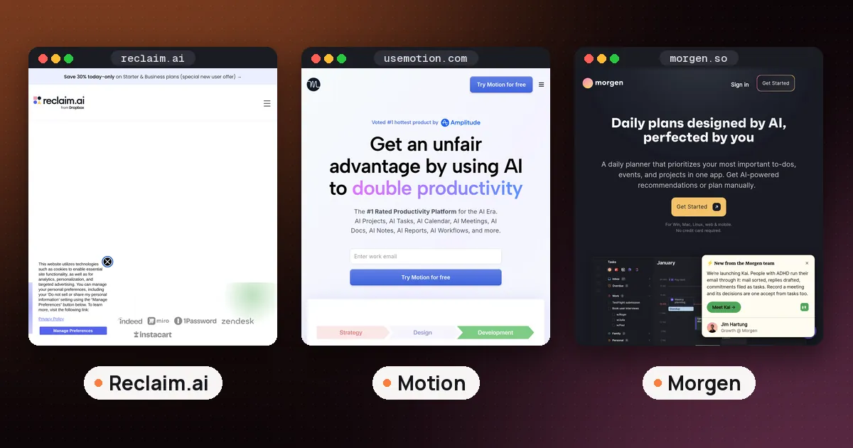 Screenshots of Reclaim.ai, Motion, Morgen