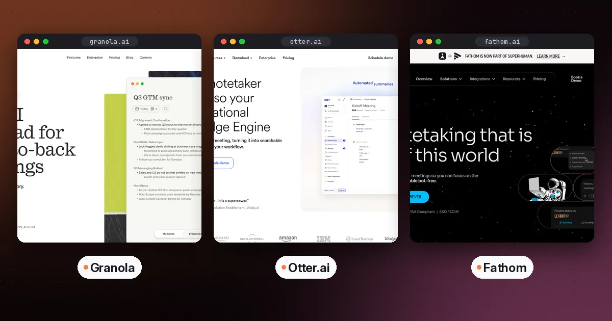 Side by side screenshots of the Granola, Otter.ai and Fathom websites