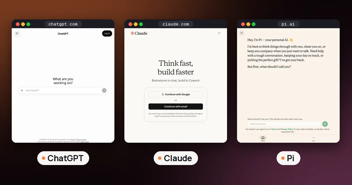 Screenshots of ChatGPT, Claude, Pi