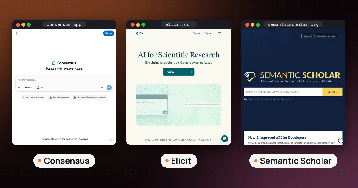 Screenshots of Consensus, Elicit, Semantic Scholar