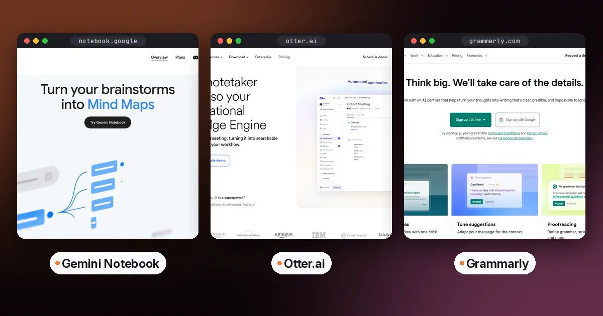Side by side screenshots of the Gemini Notebook, Otter.ai and Grammarly websites