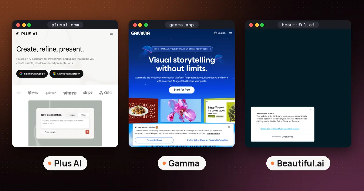 Screenshots of Plus AI, Gamma, Beautiful.ai