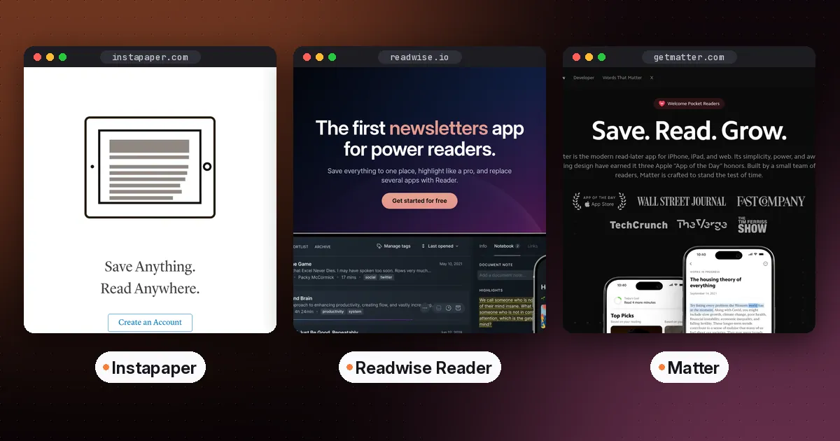 Side by side screenshots of the Instapaper, Readwise Reader and Matter websites