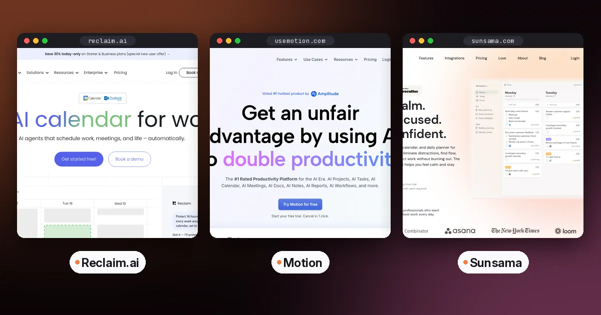Side by side screenshots of the Reclaim.ai, Motion and Sunsama websites