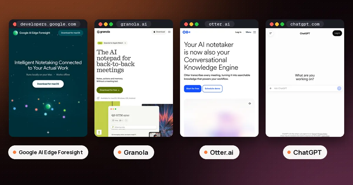Screenshots of Google AI Edge Foresight, Granola, Otter.ai, ChatGPT