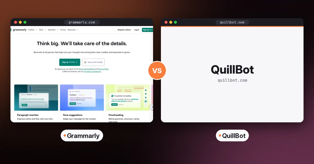 Side by side screenshots of the Grammarly and QuillBot websites