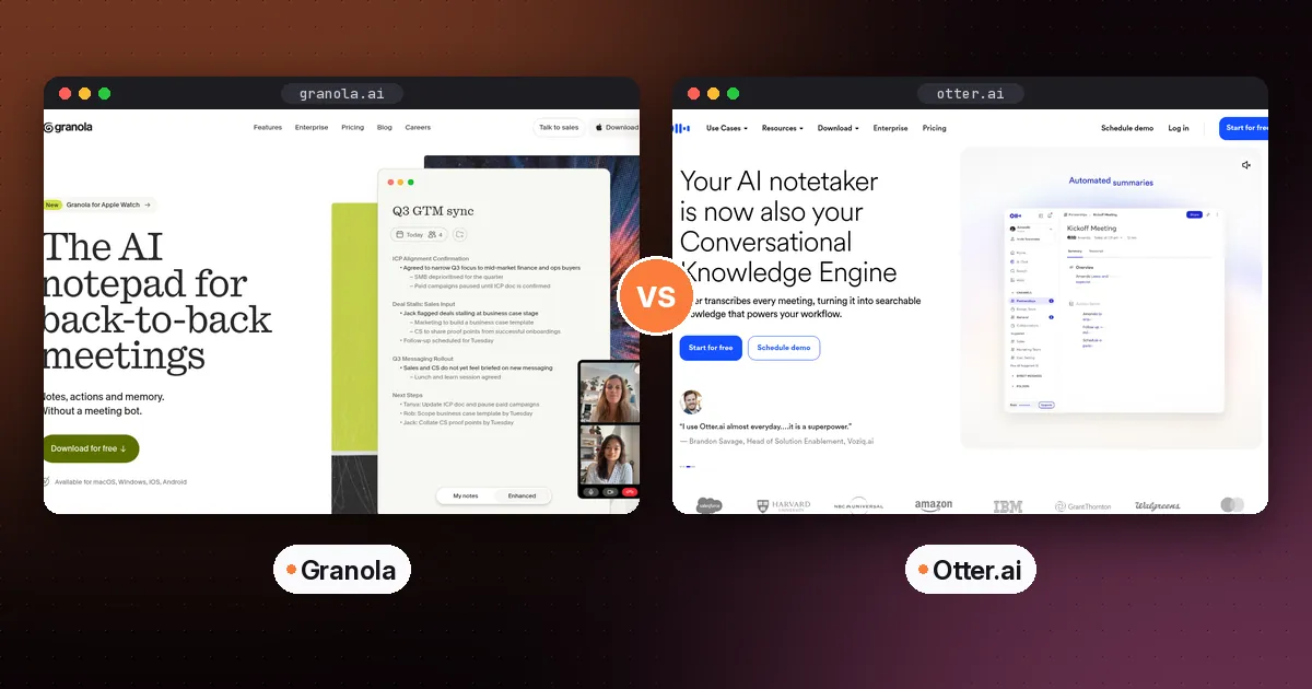 Side by side screenshots of the Granola and Otter.ai websites