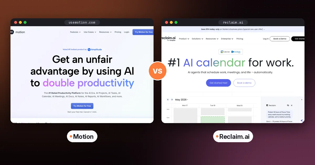 Side by side screenshots of the Motion and Reclaim.ai websites