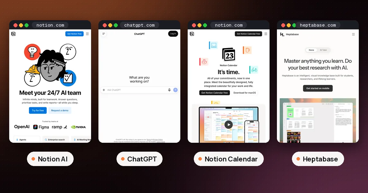 Screenshots of Notion AI, ChatGPT, Notion Calendar, Heptabase