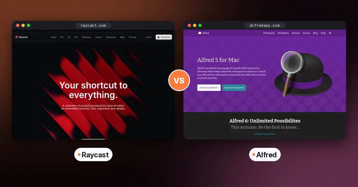 Side by side screenshots of the Raycast and Alfred websites