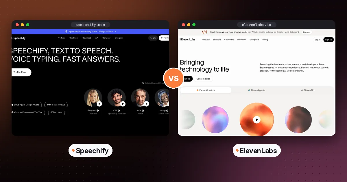 Side by side screenshots of the Speechify and ElevenLabs websites