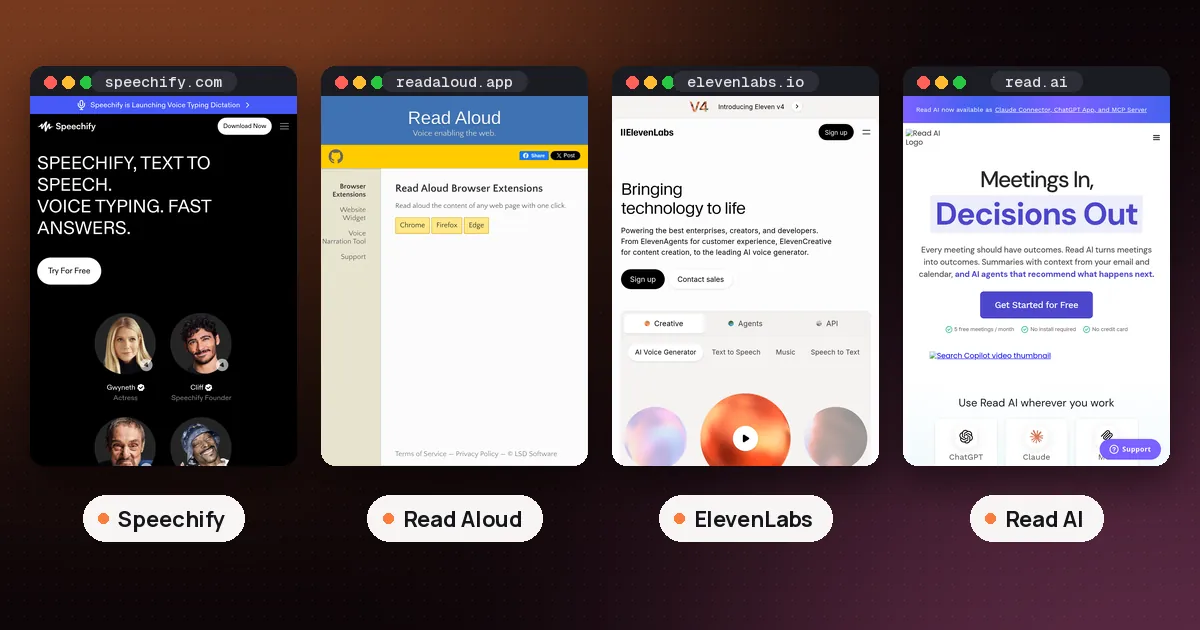 Screenshots of Speechify, Read Aloud, ElevenLabs, Read AI