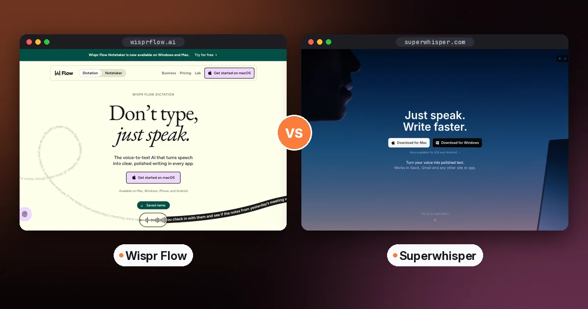 Side by side screenshots of the Wispr Flow and Superwhisper websites
